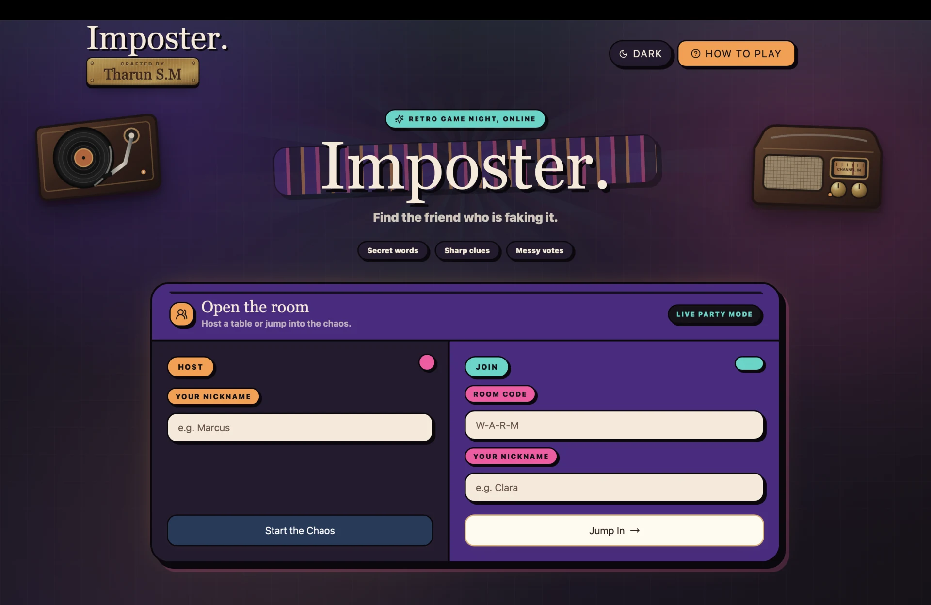 The imposter. home screen with a purple retro game interface, turntable, radio, and host or join room panel.