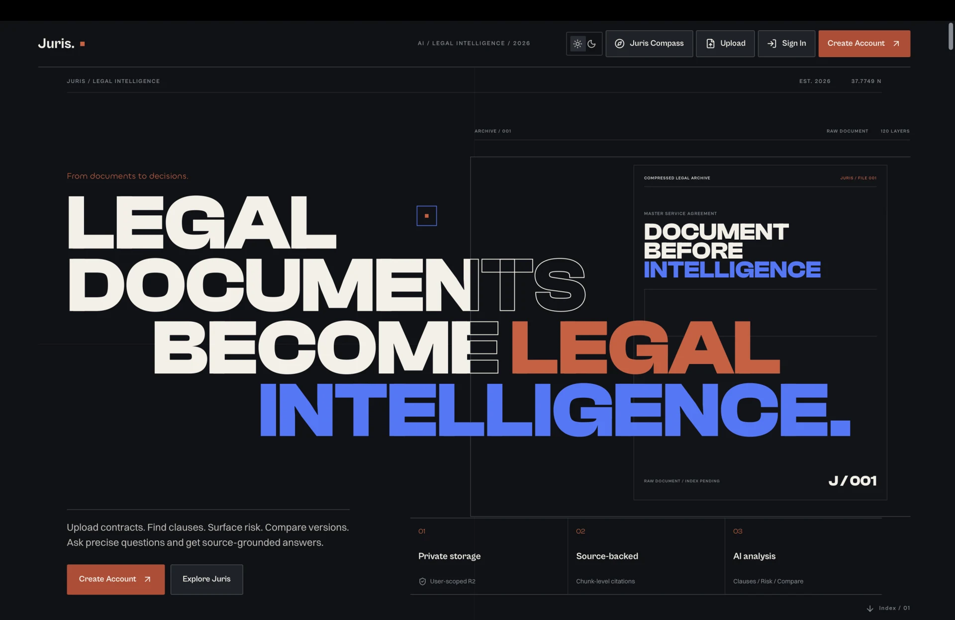 The juris. legal intelligence interface with the Legal Documents Become Legal Intelligence headline and document archive panel.