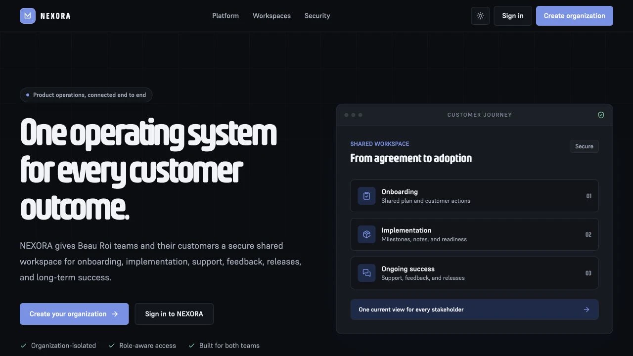 Nexora’s dark customer-success homepage with its customer-outcomes headline and shared workspace showing onboarding, implementation, and ongoing success.